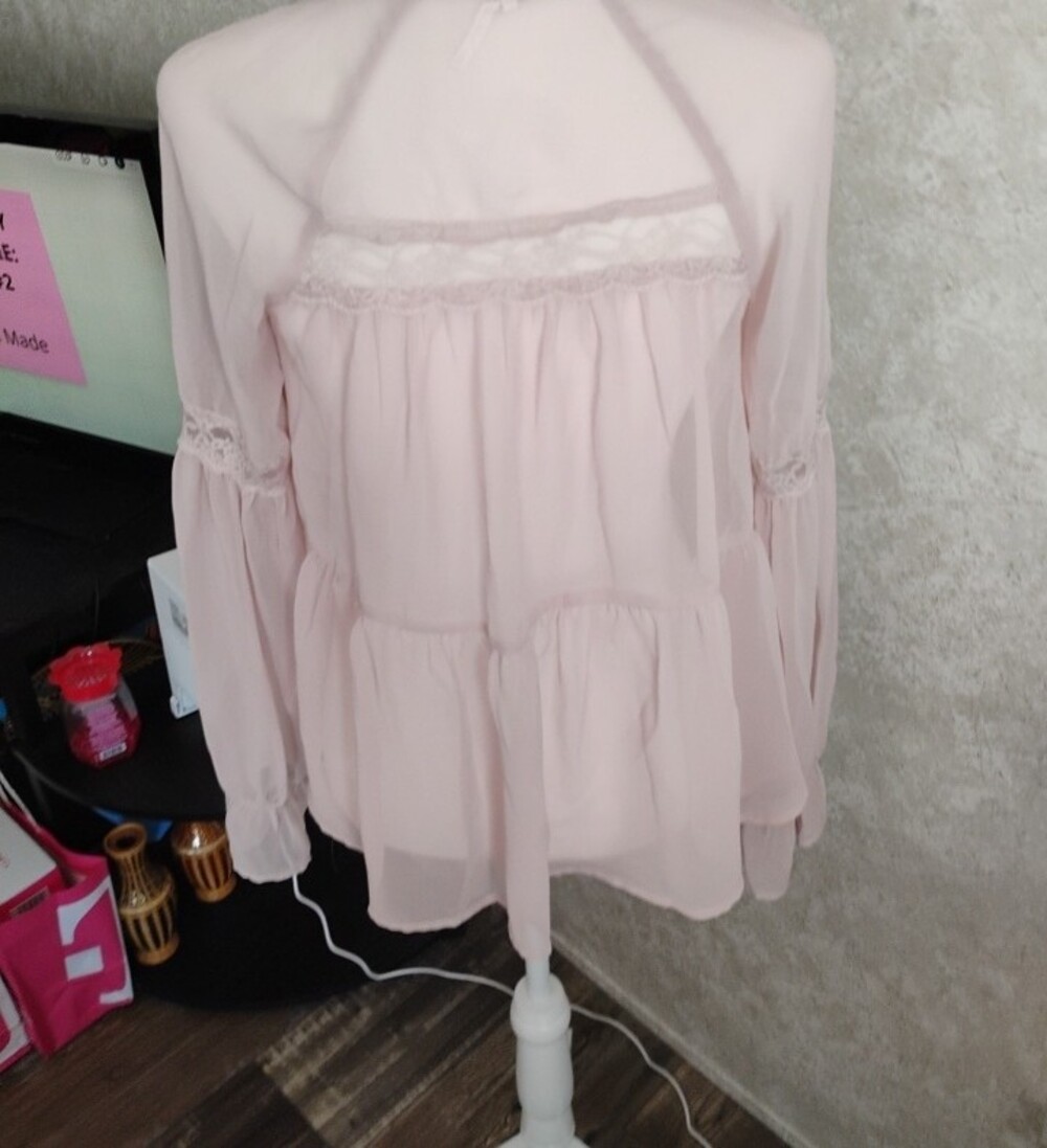 Free People Soft Blush Pink Lace Peasant Blouse with Neck Tie/Prairie, Fairy - Picture 7 of 13